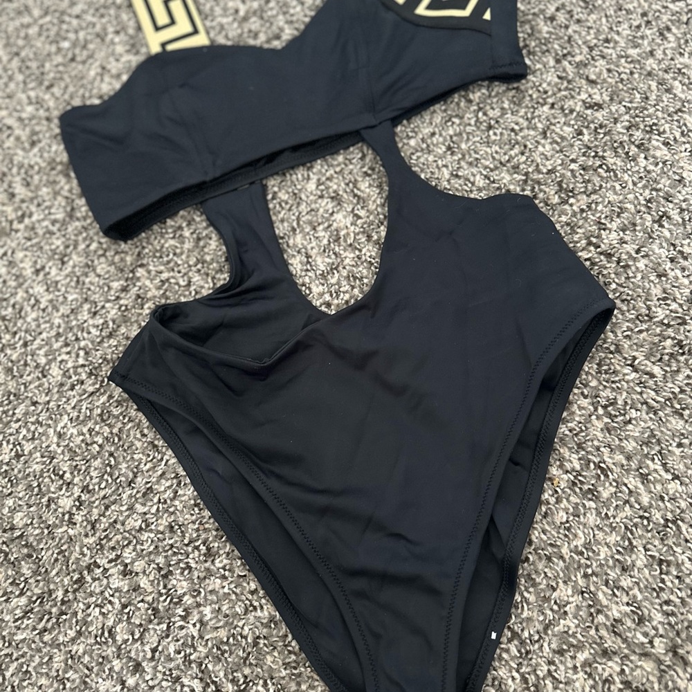 Versace Black One-Piece Swimsuit with Gold Logo Straps